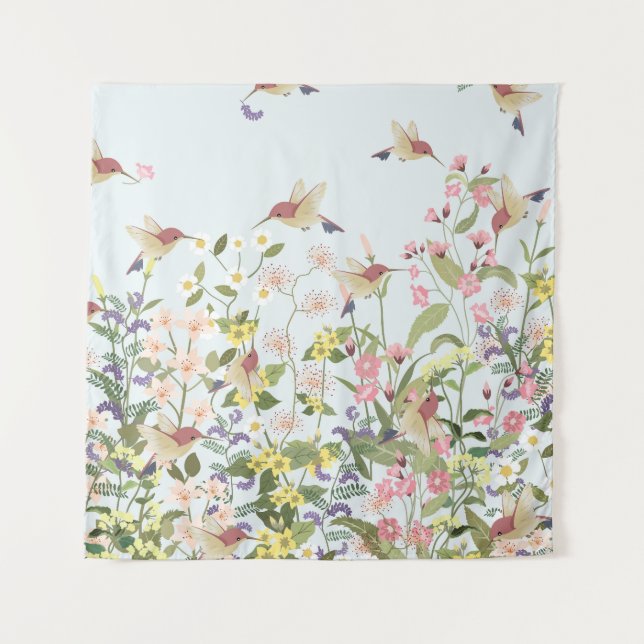 Hummingbird Floral Garden Vintage Illustration Tapestry (Front)