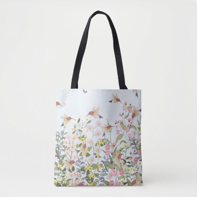 Hummingbird Floral Garden Vintage Illustration Tote Bag (Front)
