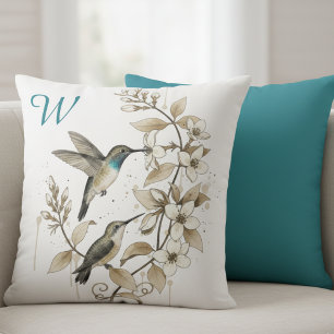 Hummingbird Floral Monogram Initial Decor Cushion
