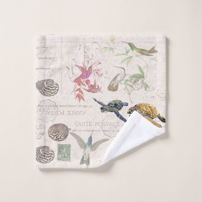 Hummingbird Floral Sea Turtle French Ephemera Bath Towel Set (Wash Cloth)