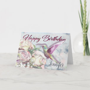 Hummingbird Flowers and Happy Birthday Name Card