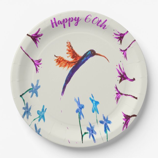 Hummingbird Flowers Anniversary Birthday Paper Plate (Front)