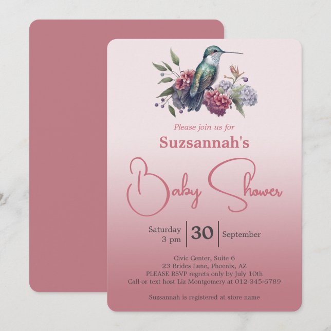 Hummingbird & Flowers Burgundy Ombre Baby Shower Invitation (Front/Back)