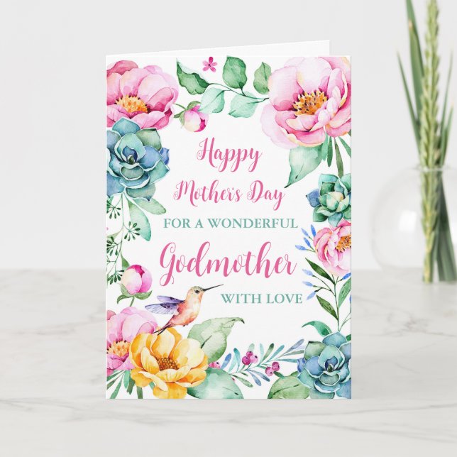 Hummingbird Flowers Godmother Happy Mother's Day Card (Front)