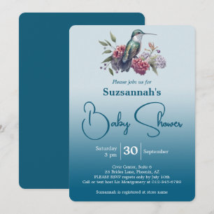 Hummingbird & Flowers Teal Ombre Baby Shower Invitation
