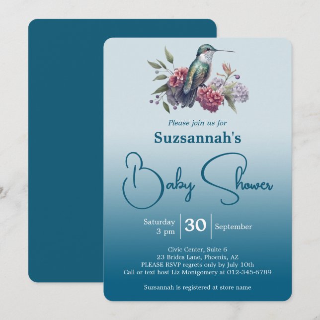 Hummingbird & Flowers Teal Ombre Baby Shower Invitation (Front/Back)