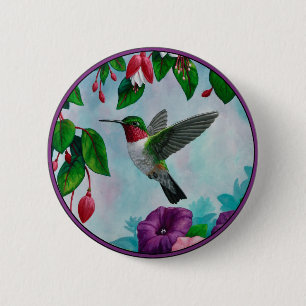 Hummingbird Flying in Flower Garden 6 Cm Round Badge