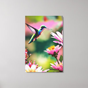 Hummingbird flying to a flowers Canvas Print