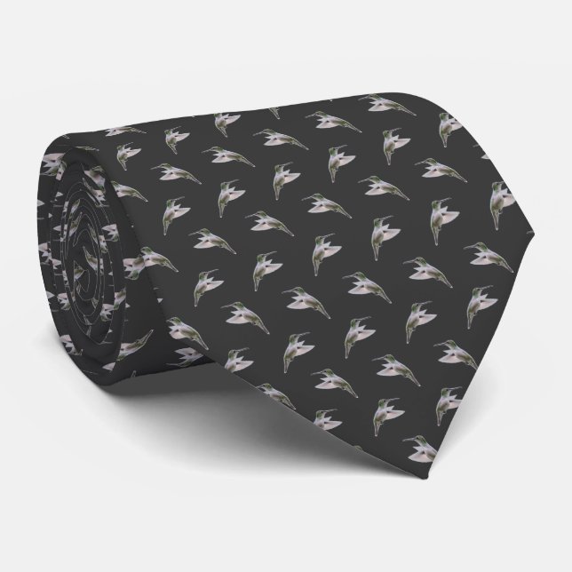 Hummingbird Frenzy Tie (Dark Grey) (Rolled)