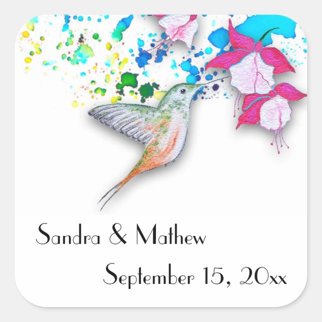 Hummingbird & Fuchsia Personalised Wedding Sticker (Front)