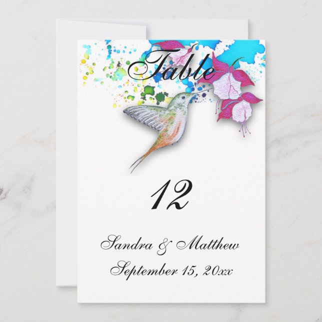 Hummingbird & Fuchsia Wedding Table Number Cards (Front)