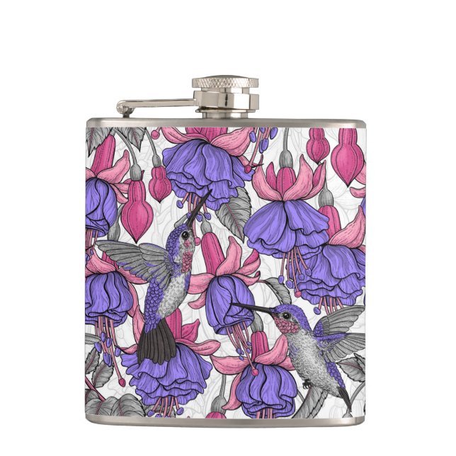 Hummingbird garden in melrose and pink hip flask (Front)