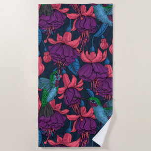 Hummingbird garden in purple and blue beach towel