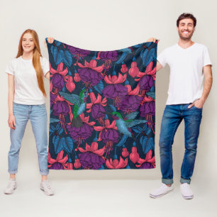 Hummingbird garden in purple and blue fleece blanket