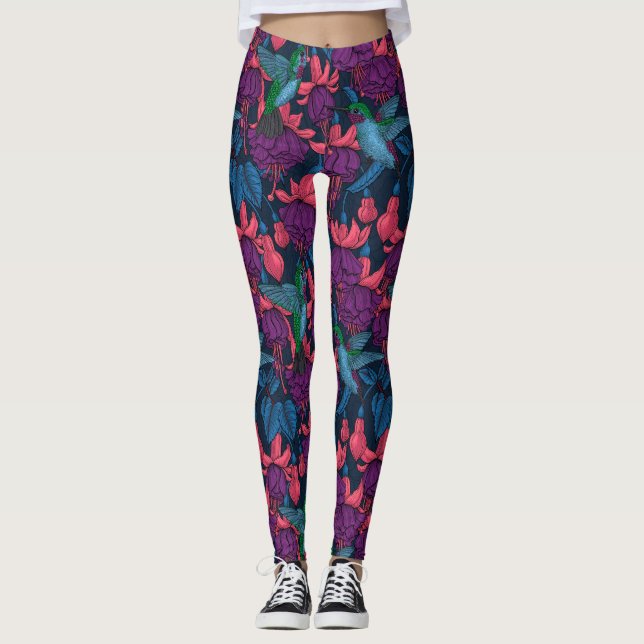Hummingbird garden in purple and blue leggings (Front)