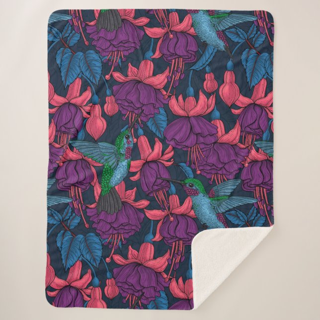 Hummingbird garden in purple and blue sherpa blanket (Front)