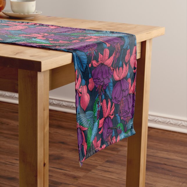 Hummingbird garden in purple and blue short table runner (In Situ)