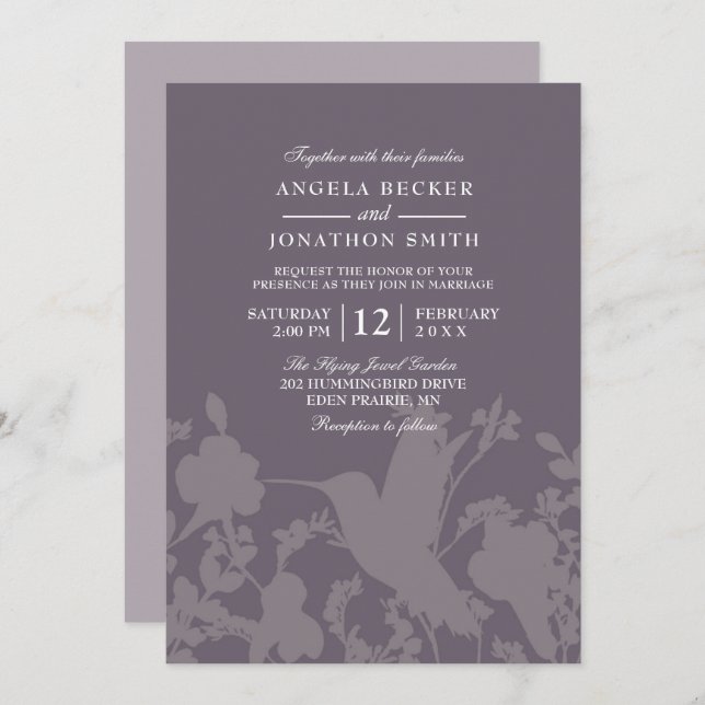 Hummingbird Garden Plum Elegant Wedding Invitation (Front/Back)
