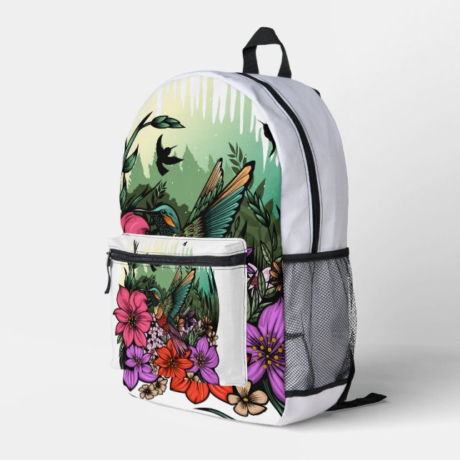 Hummingbird Garden Printed Backpack (Back Corner Right)