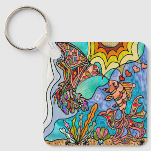 Hummingbird Goldfish Reflection Fantasy Art Key Ring
