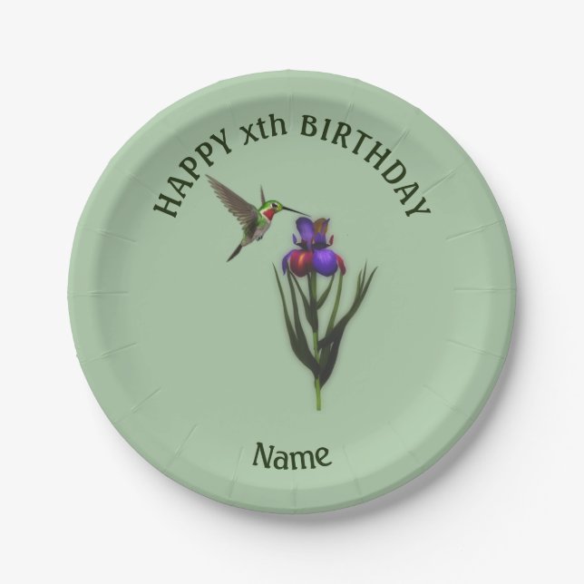 Hummingbird Happy Birthday Personalised  Paper Plate (Front)