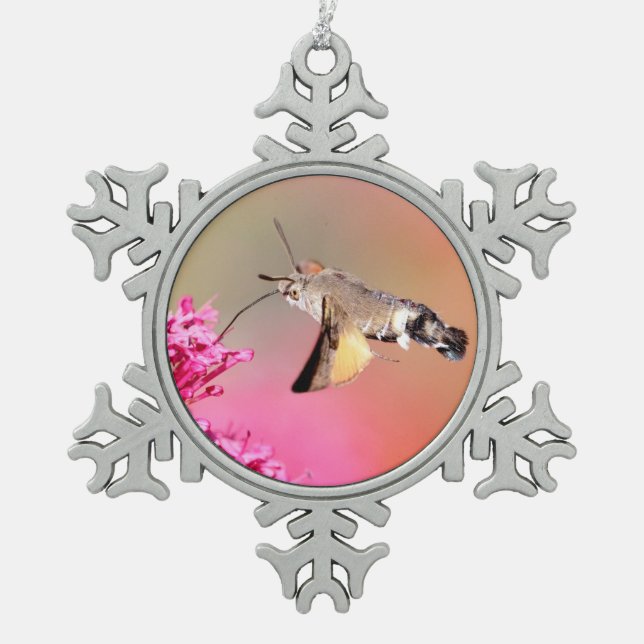 Hummingbird Hawk-moth butterfly in flight Snowflake Pewter Christmas Ornament (Front)