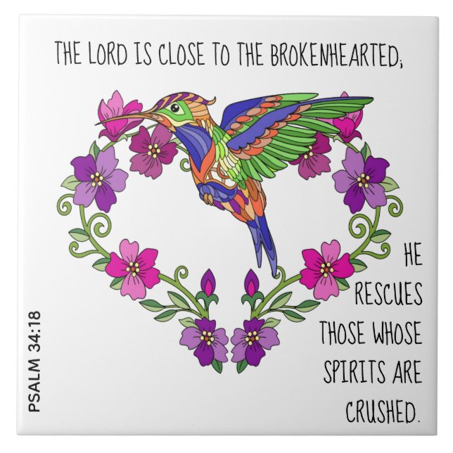 Hummingbird & Heart, w verse from Psalm 34:18 Tile (Front)