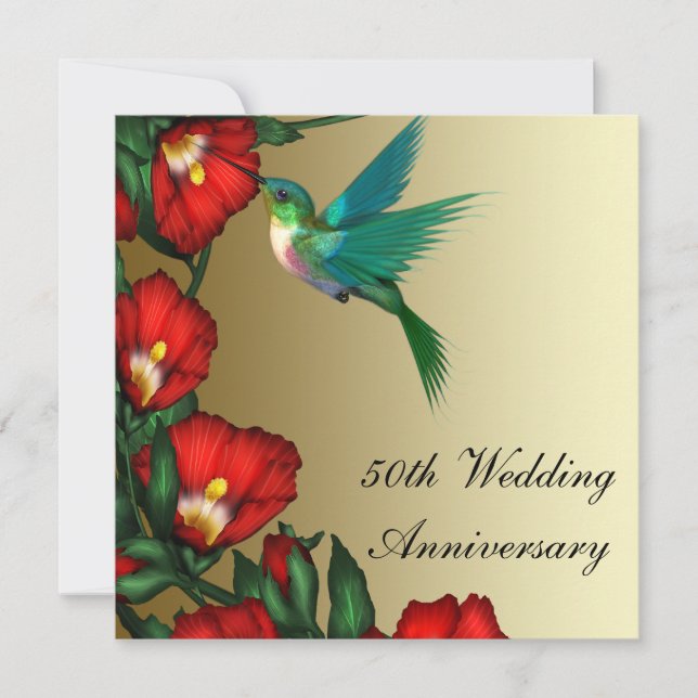Hummingbird Hibiscus Gold 50th Wedding Anniversary Invitation (Front)