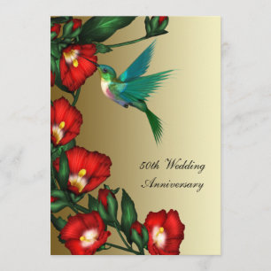 Hummingbird Hibiscus Gold 50th Wedding Anniversary Invitation