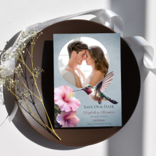 Hummingbird & Hibiscus Photo Save the Date   Blue Announcement