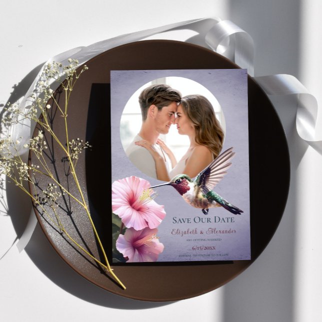 Hummingbird & Hibiscus Photo Save the Date Purple Announcement (Purple Hummingbird Hibiscus Photo Save the Date)