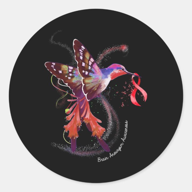 Hummingbird Holding Burgundy Ribbon Brain Aneurysm Classic Round Sticker (Front)