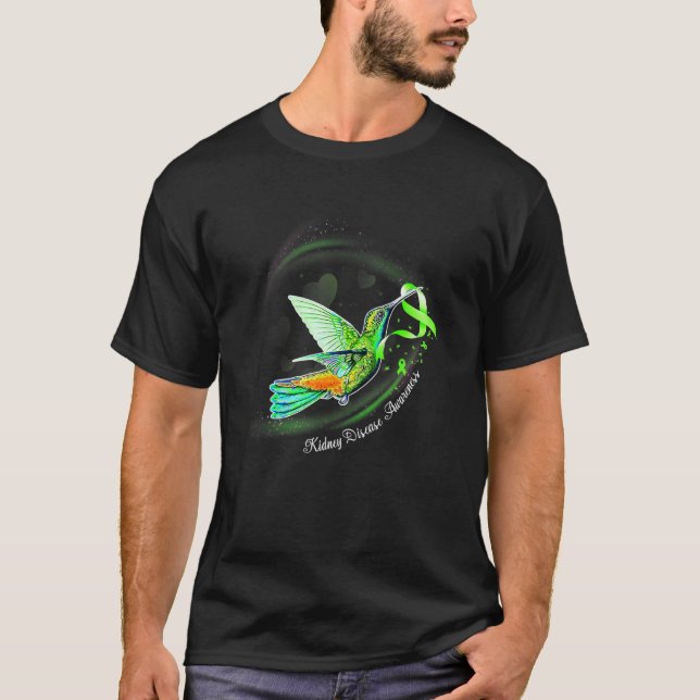 Hummingbird Holding Green Ribbon Kidney Disease Aw T-Shirt (Front)