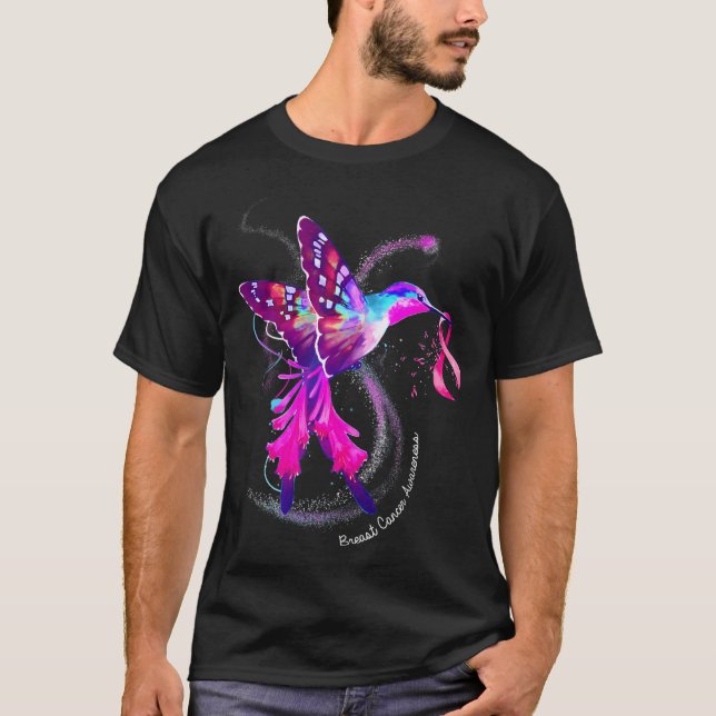 Hummingbird Holding Pink Ribbon Breast Cancer T-Shirt (Front)