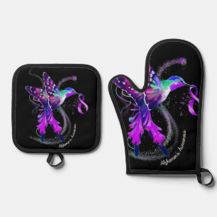 Hummingbird Holding Purple Ribbon Alzheimer's Oven Mitt & Pot Holder Set