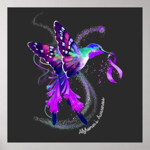 Hummingbird Holding Purple Ribbon Alzheimer's Poster