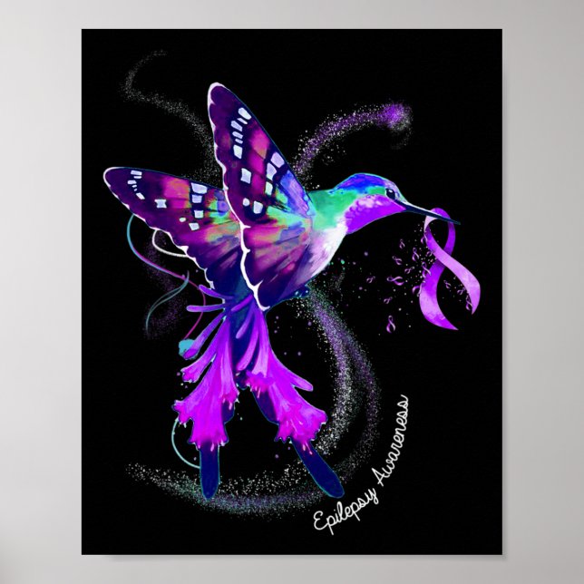 Hummingbird Holding Purple Ribbon Epilepsy Awarene Poster (Front)