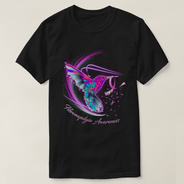 Hummingbird Holding Purple Ribbon Fibromyalgia Awa T-Shirt (Design Front)