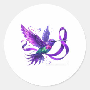 Hummingbird Holding Purple Ribbon Heimers Awarenes Classic Round Sticker