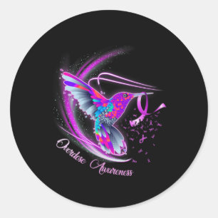 Hummingbird Holding Purple Ribbon Overdose Awarene Classic Round Sticker