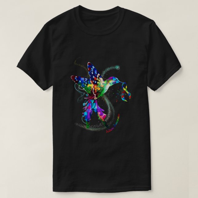 Hummingbird Holding Puzzle Ribbon Autism Awareness T-Shirt (Design Front)