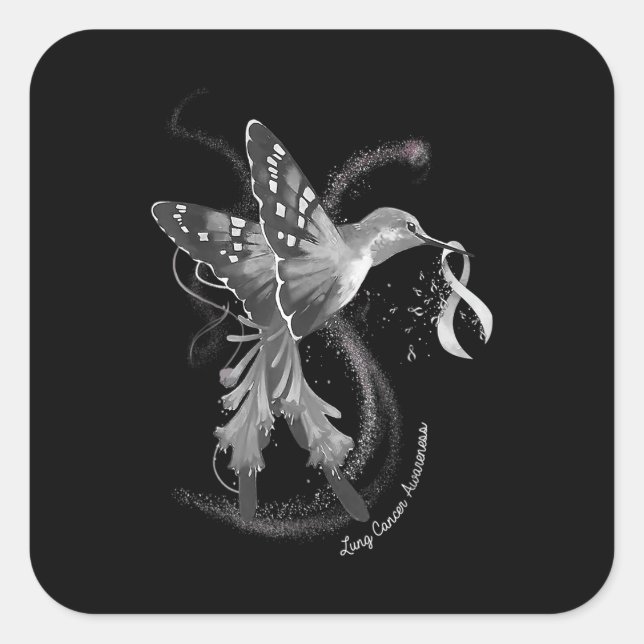 Hummingbird Holding White Ribbon Lung Cancer Aware Square Sticker (Front)