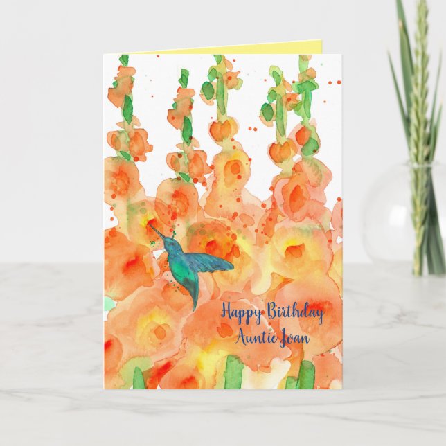 Hummingbird Hollyhocks Happy Birthday Aunt Card (Front)