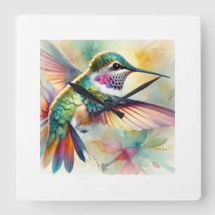 Hummingbird in Flight 071024AREF109 - Watercolor Square Wall Clock