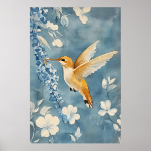 hummingbird in flight amidst white flowers  poster