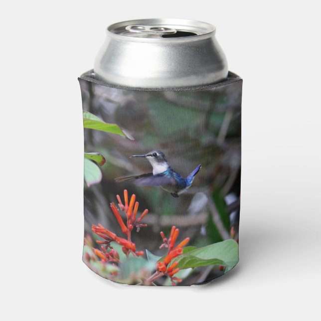 Hummingbird in Flight and Red Flowers Can Cooler (Can Back)