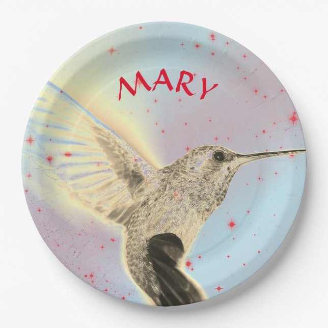 HUMMINGBIRD IN FLIGHT WITH CUSTOM NAME PAPER PLATE (Front)