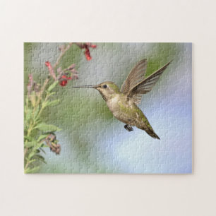 Hummingbird in Flight With Flower Jigsaw Puzzle