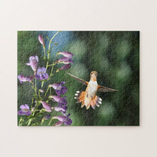 Hummingbird in Flight With Flower Jigsaw Puzzle