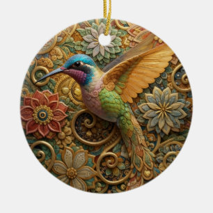 Hummingbird in Ornamental Flowers Ceramic Tree Decoration